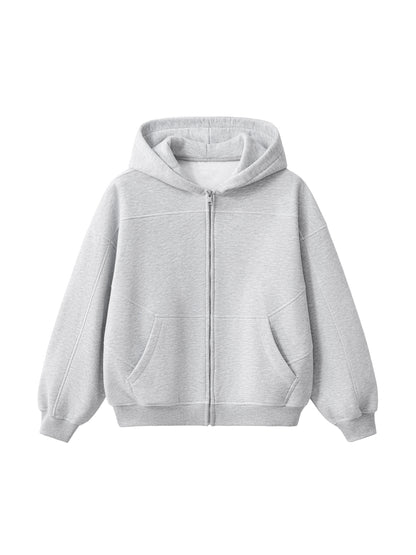 Contrast-Stitched Boxy Fleece Zip Hoodie