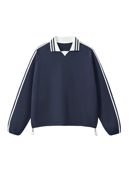 Contrast Striped Lapel Collar Sweatshirt