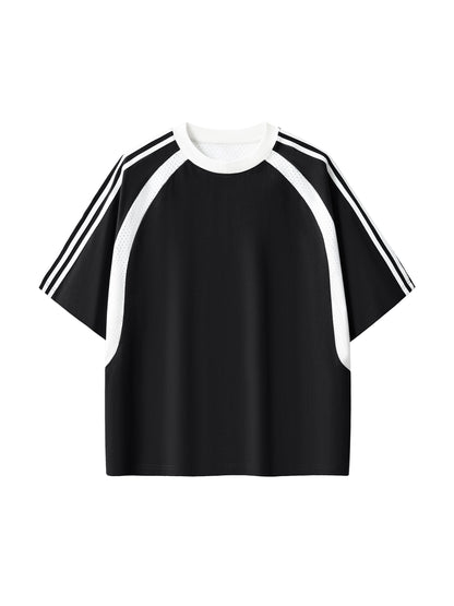 Contrast Stripes Panel Mesh T-shirt