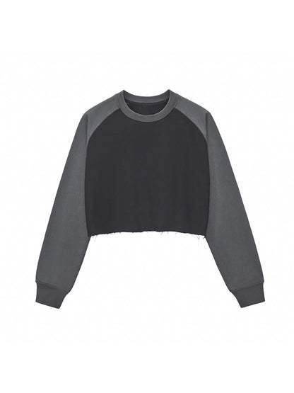 Raw-Hem Color-Block Raglan Crop Sweatshirt