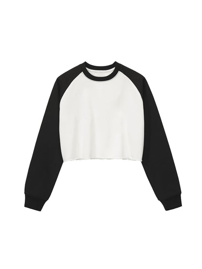 Raw-Hem Color-Block Raglan Crop Sweatshirt