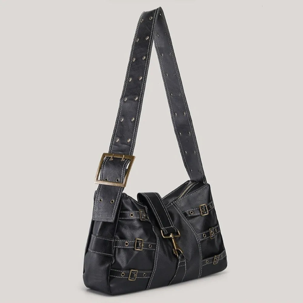 Y2K Distressed Buckle Slouchy Bag