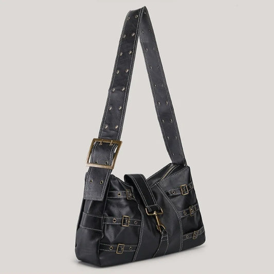 Y2K Distressed Buckle Slouchy Bag