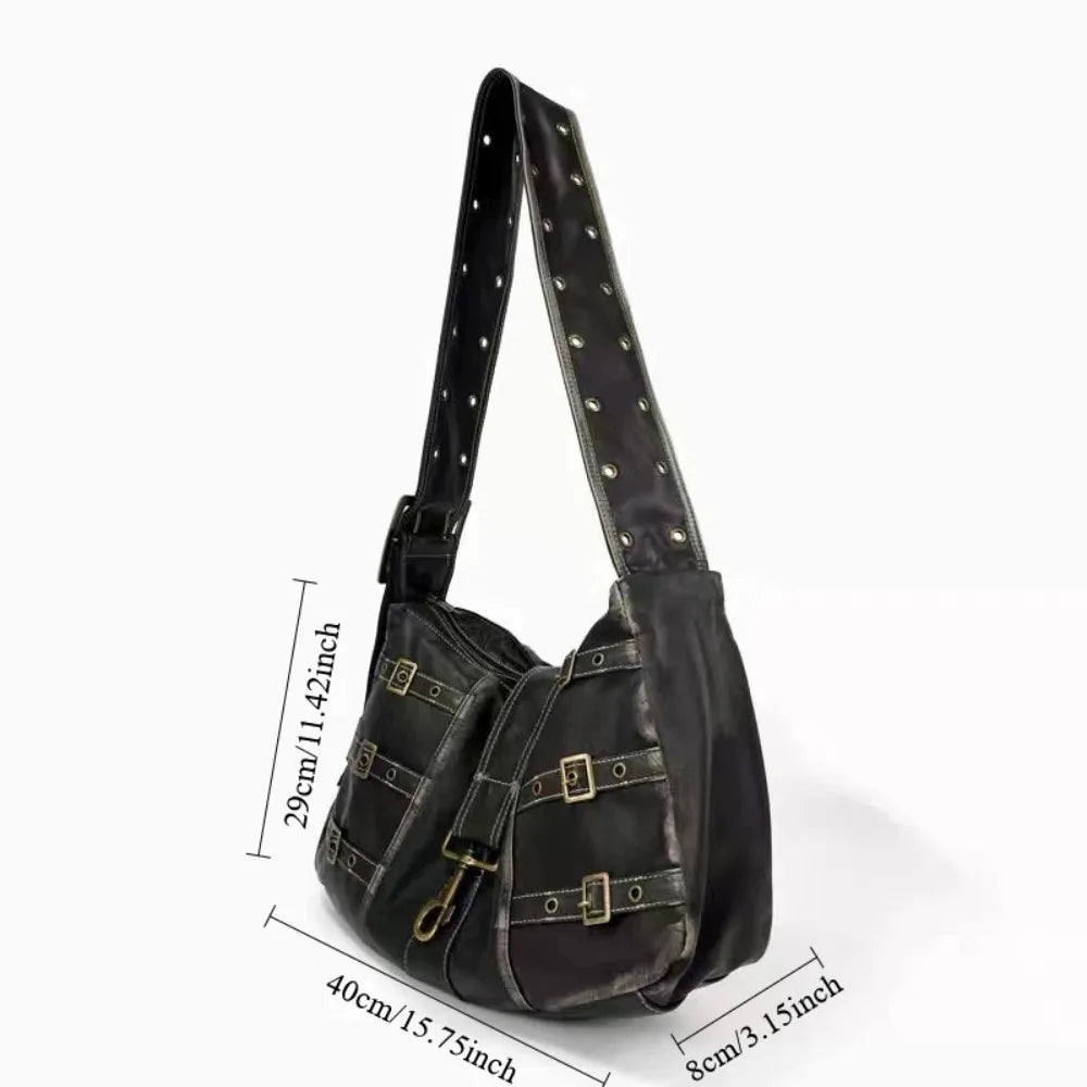 Y2K Distressed Buckle Slouchy Bag