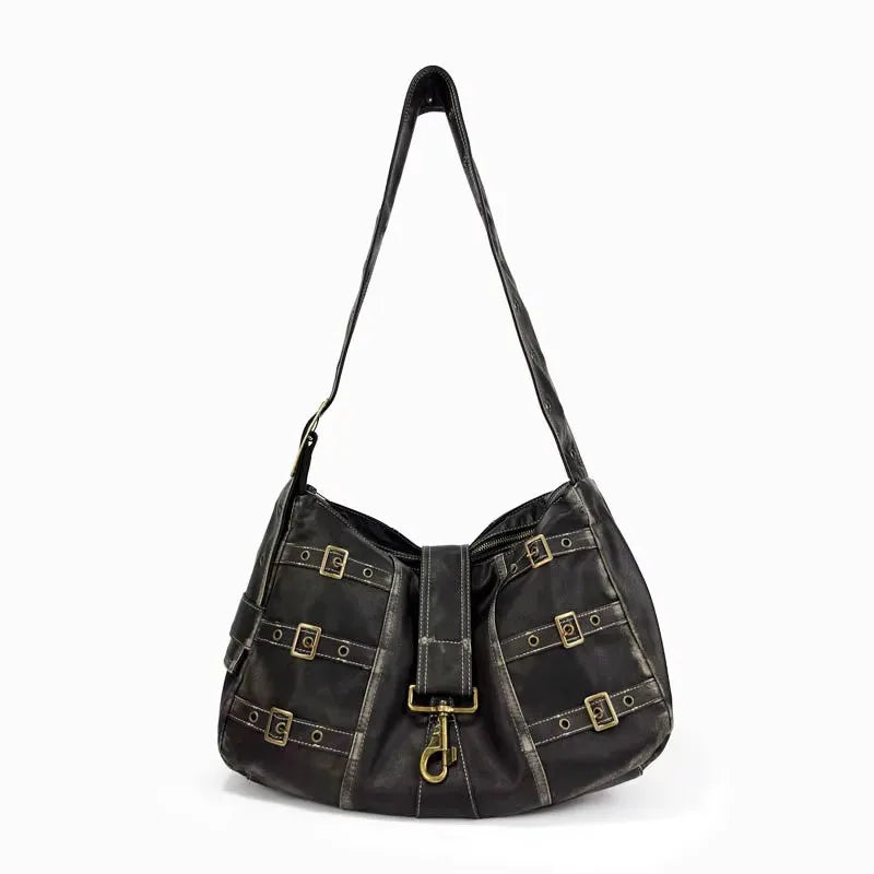 Y2K Distressed Buckle Slouchy Bag