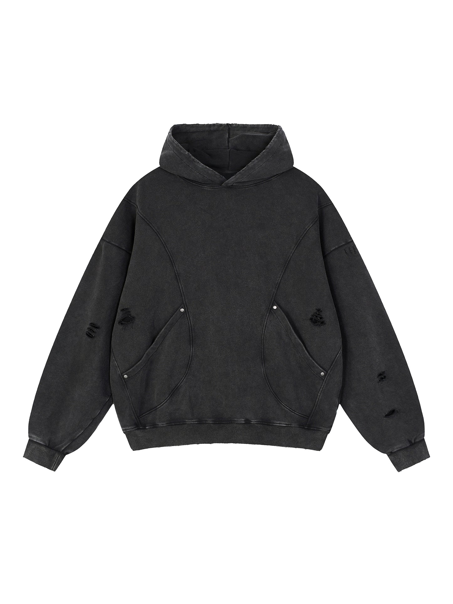 Snow Washed Distressed Panel Pocket Hoodie