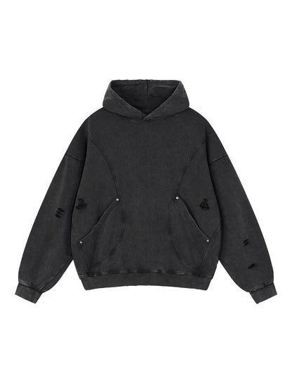 Snow Washed Distressed Panel Pocket Hoodie