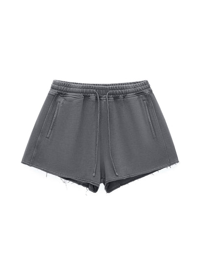 Snow Washed Raw Edge Drawstring Shorts