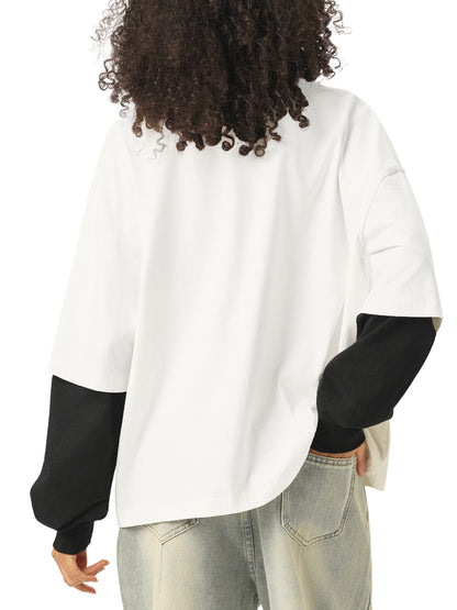 Layered Contrast Sleeve Cotton T-Shirt