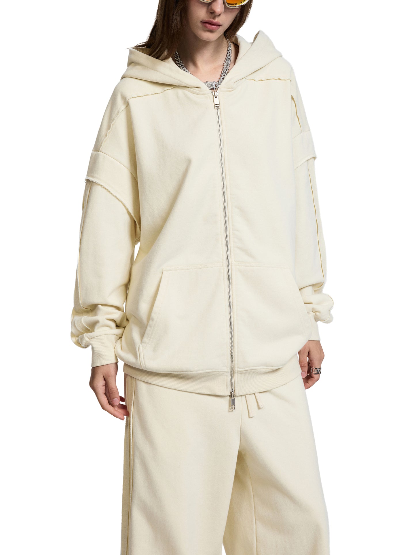Contrast Tape Raw Edge Double Layered Zip Hoodie