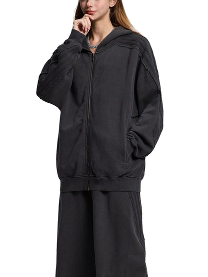 Snow Washed Tape Raw Edge Zip Hoodie