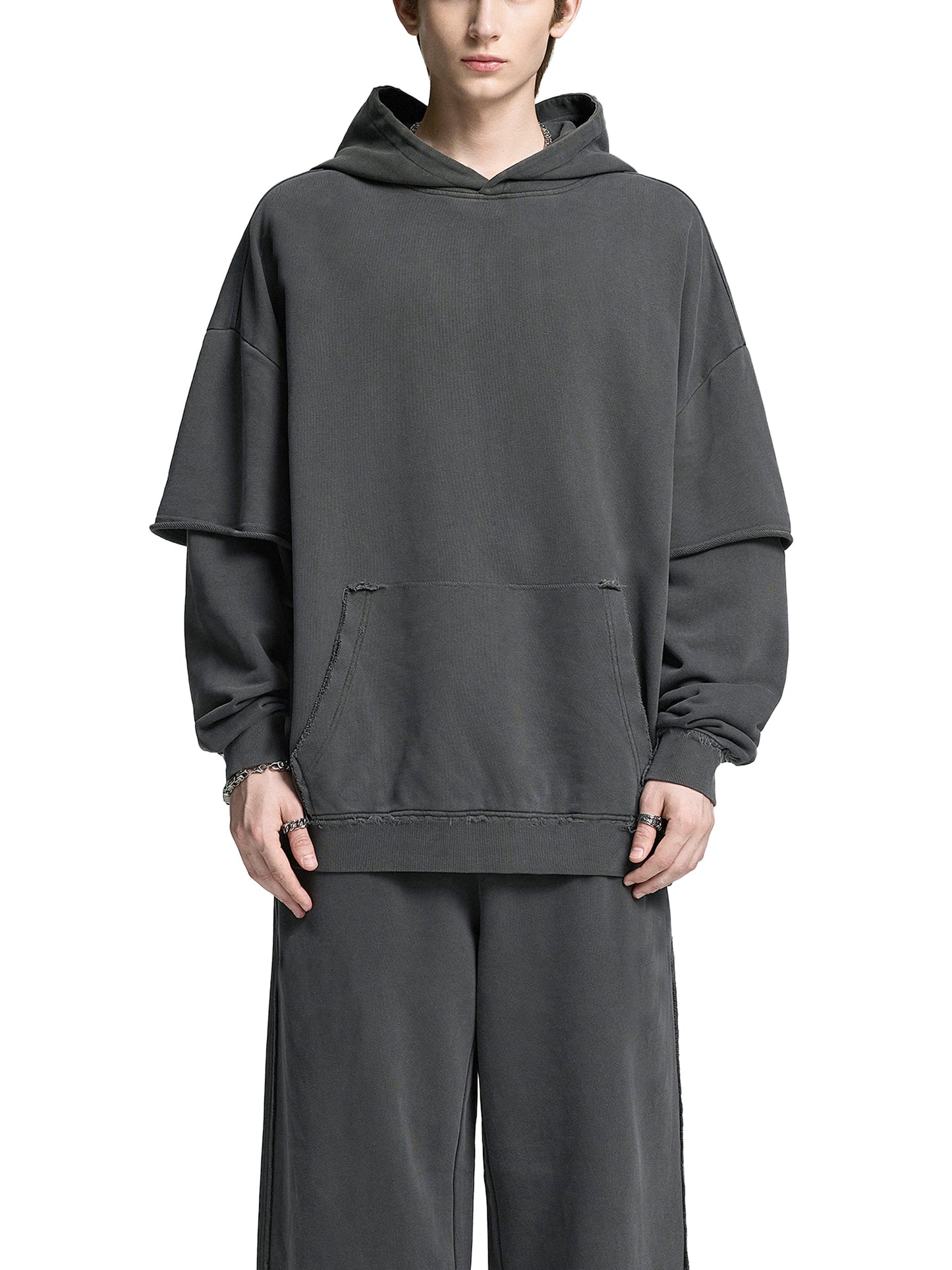 Snow Washed Raw Edge Double Layered Hoodie